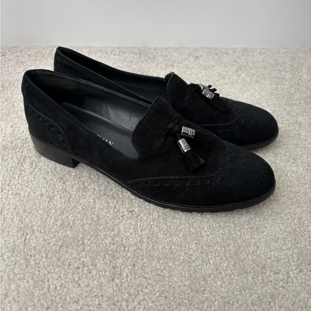 Stuart Weitzman Black Suede Tassel Loafers | Size 9